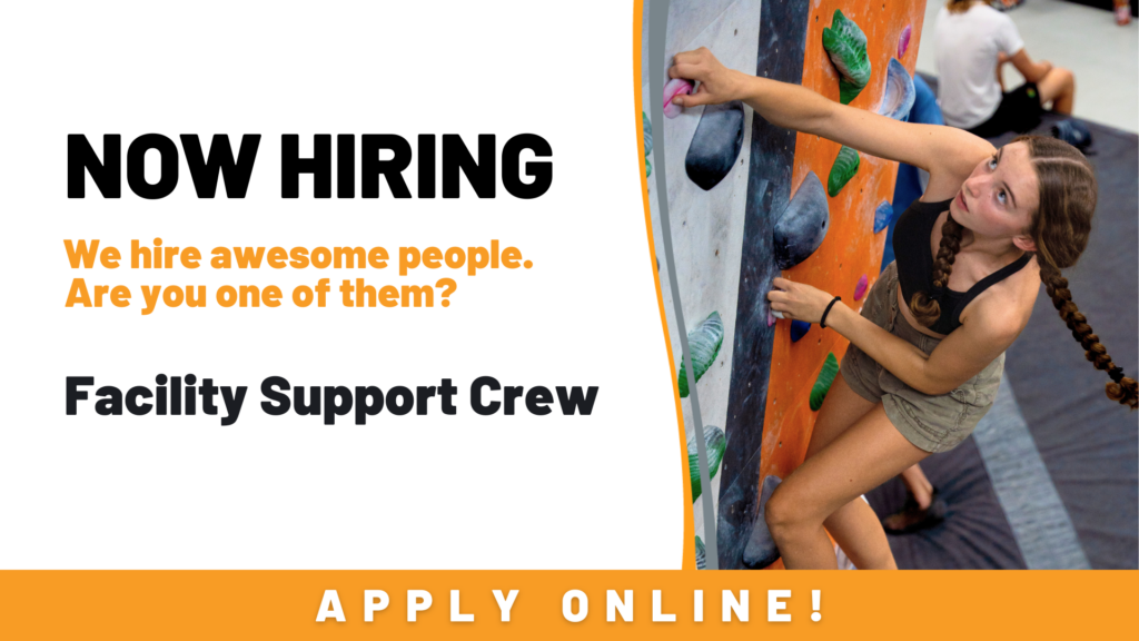 NOW HIRING - Facilities Support Crew in San Luis Obispo, CA. Female climber scaling colorful bouldering wall.